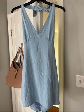 La Hearts Light Blue Halter Tie Mini Dress
